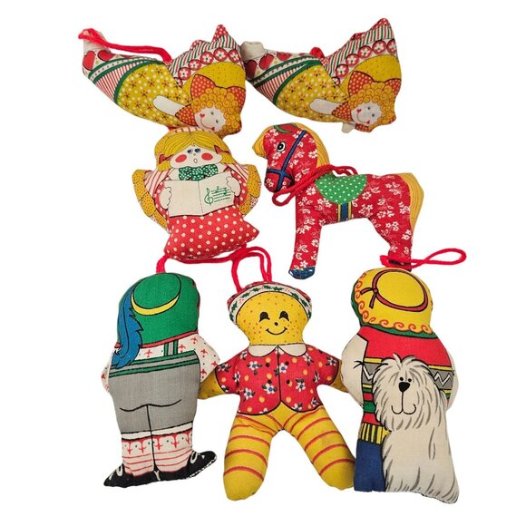 Vintage Fabric Stuffed Ornaments Lot Dolls Animals Horse Retro Handmade Christma - Picture 9 of 10